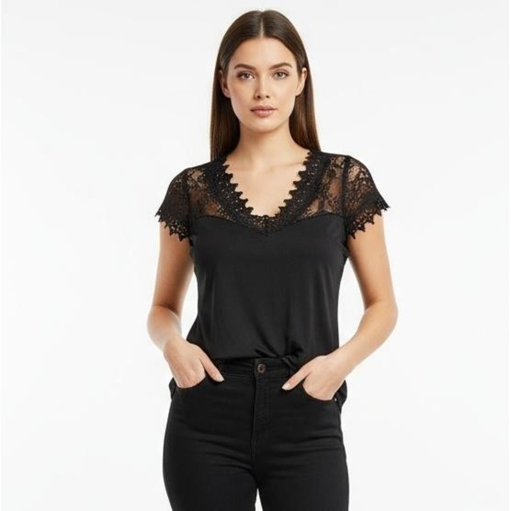 Women Black Lace V Neck Short Sleeve Top Romantic Chic Elegant Casual Size XL
